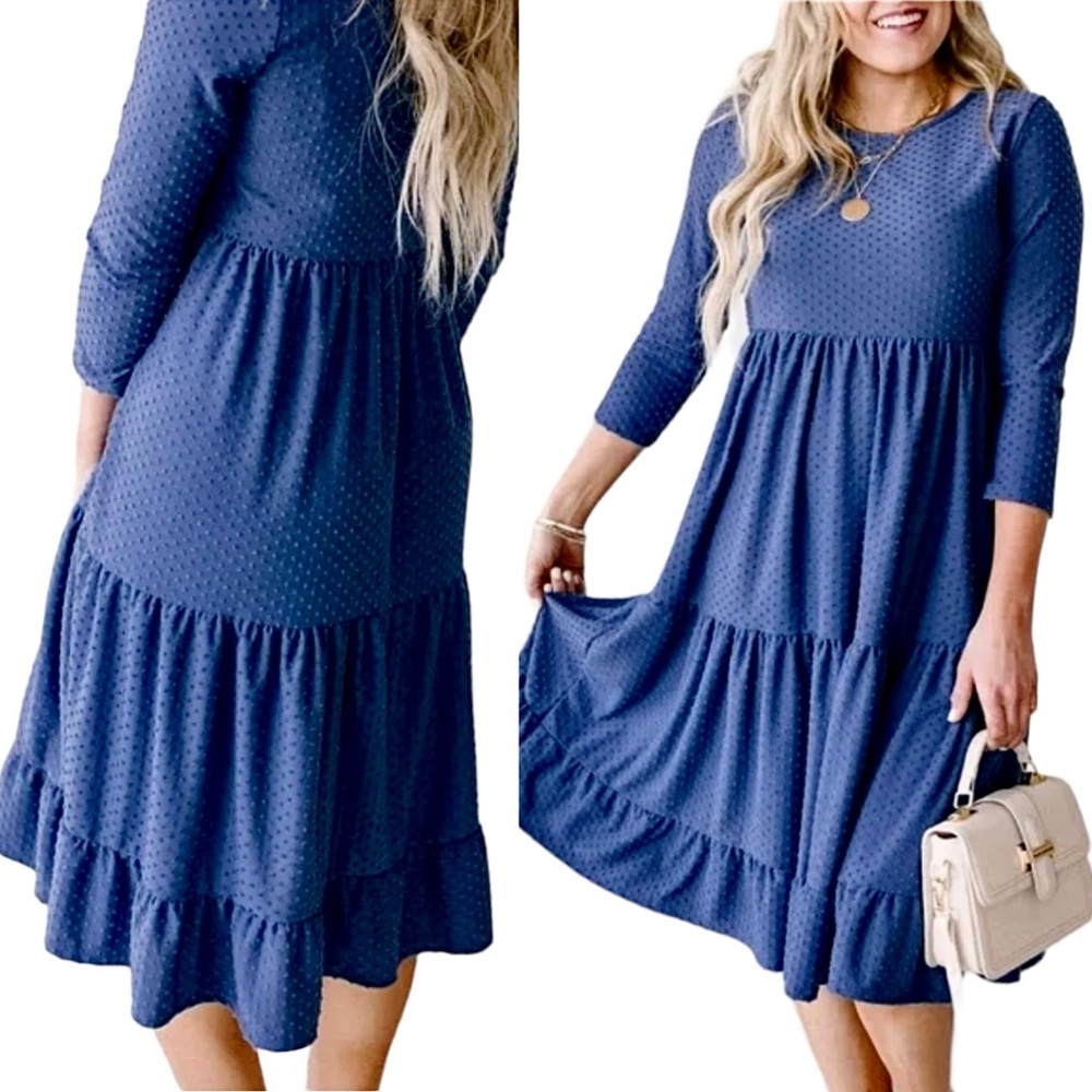 Reb in J Dress Slate Blue Swiss Dot Mid Length Tiered Skirt Long Sleeve Size L - Picture 5 of 14